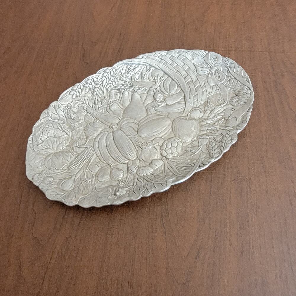 Vintage Arthur Court Cornucopia Serving Tray Oval Aluminum Pumpkin Rabbits 1993